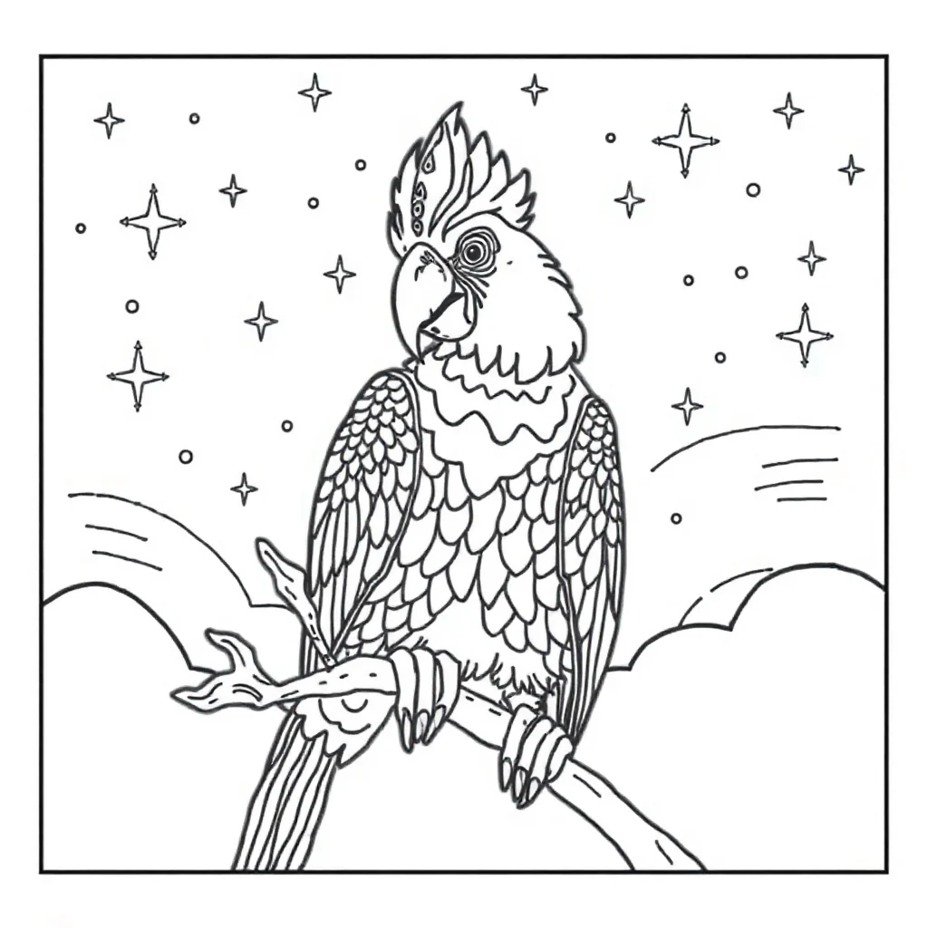 Pirates a pirate parrot under the night sky with stars — detailed pirates coloring page (ages 9+ & adults)