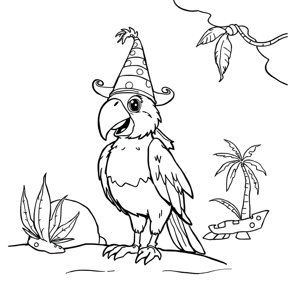 Pirates a pirate parrot wearing a party hat — classic pirates coloring page (ages 5–10)