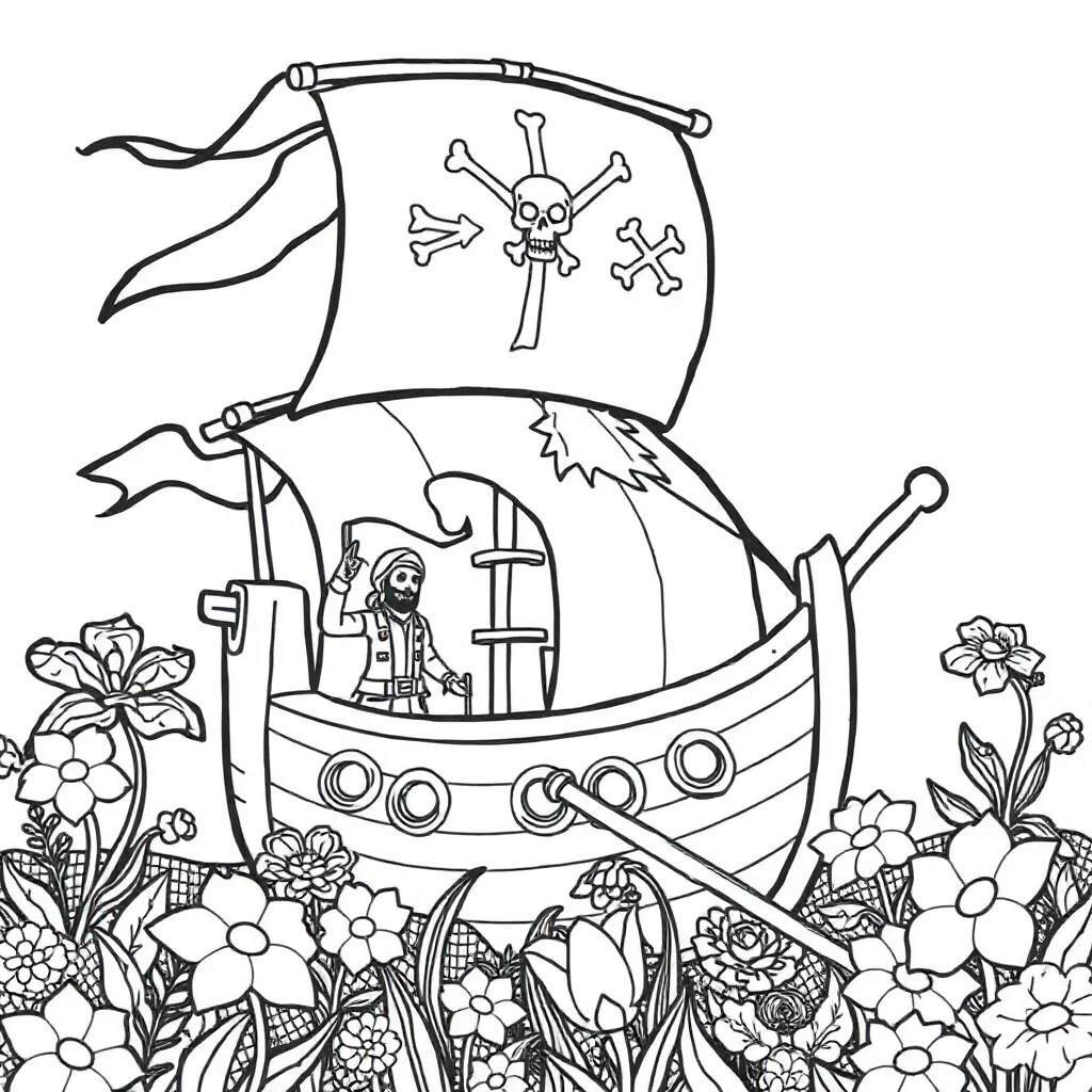 Pirates a pirate ship in a flower garden — classic pirates coloring page (ages 5–10)