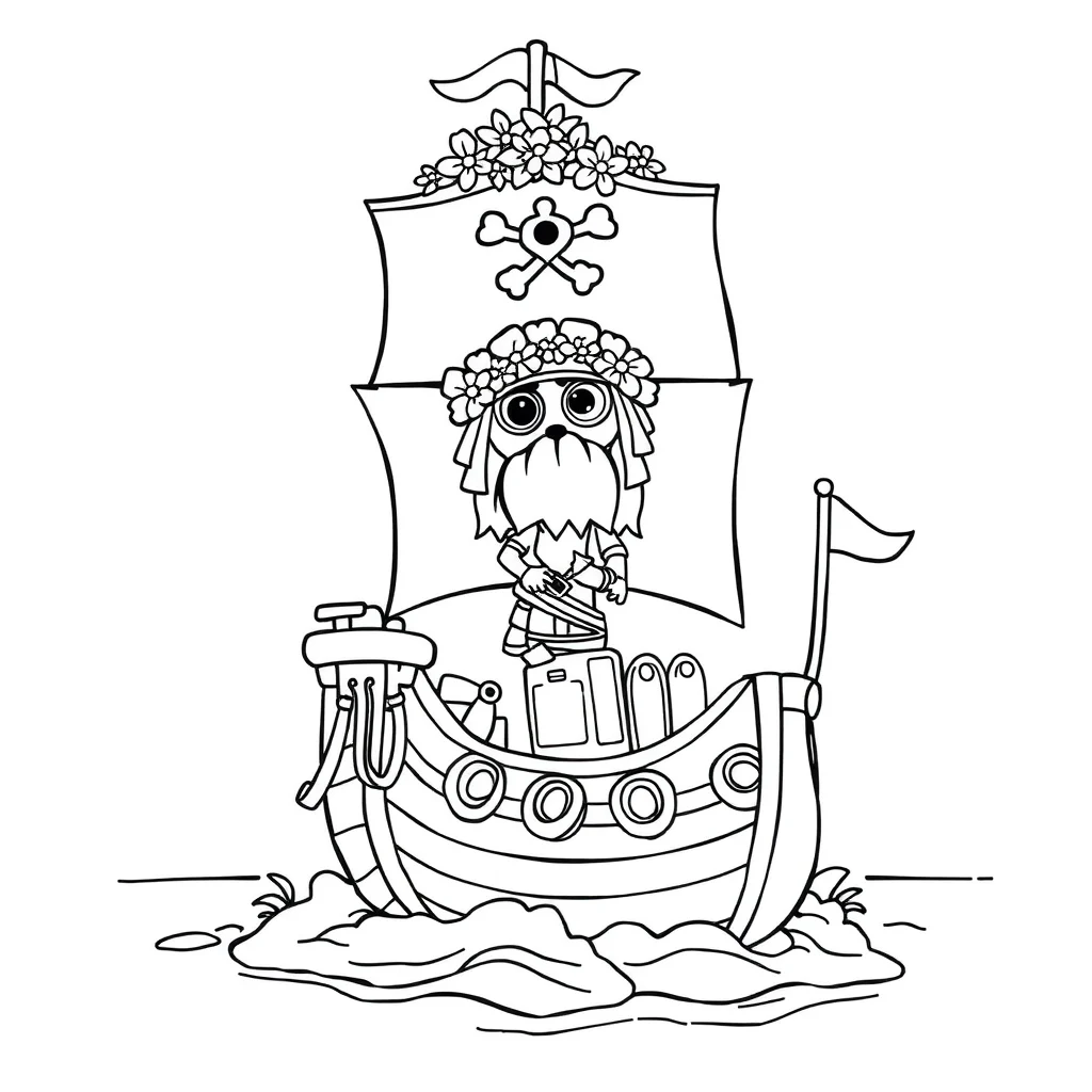 Pirates a pirate ship wearing a flower crown — classic pirates coloring page (ages 5–10)