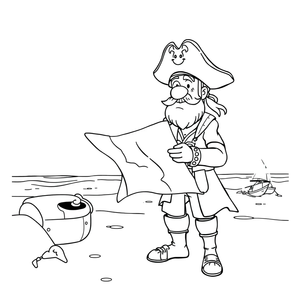 Pirates a pirate with a map on the beach — classic pirates coloring page (ages 5–10)