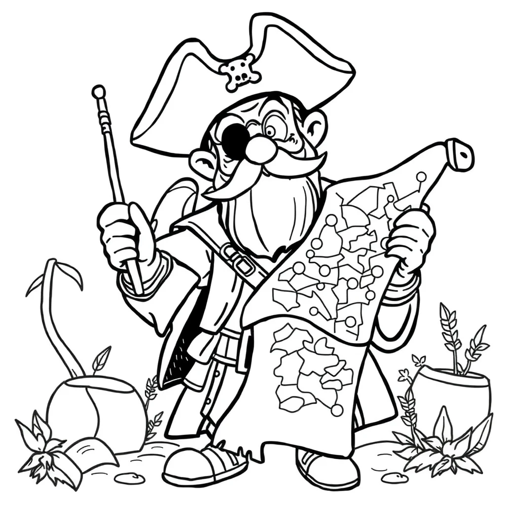 Pirates a pirate with a map peeking from behind something — classic pirates coloring page (ages 5–10)