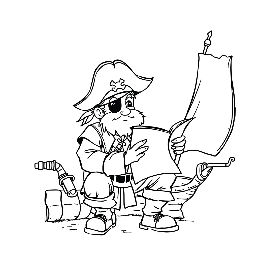 Pirates a pirate with a map reading a book — classic pirates coloring page (ages 5–10)