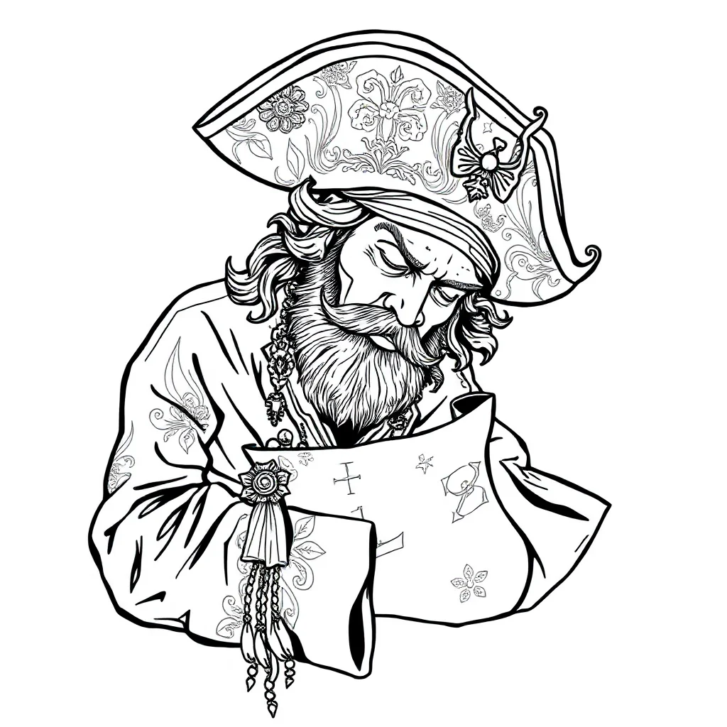 Pirates a pirate with a map sleeping curled up — detailed pirates coloring page (ages 9+ & adults)