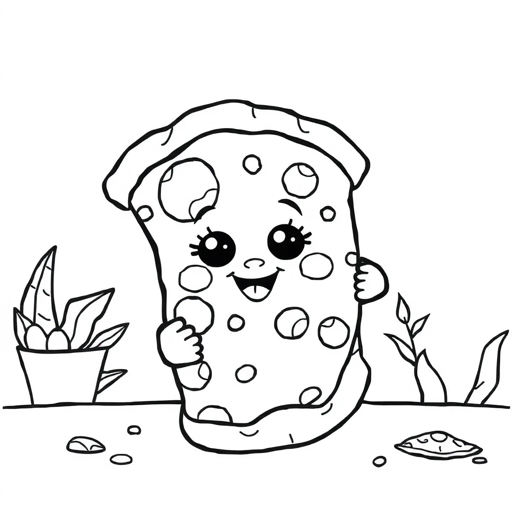 Pizza a cute pizza with a face peeking from behind something — classic pizza coloring page (ages 5–10)
