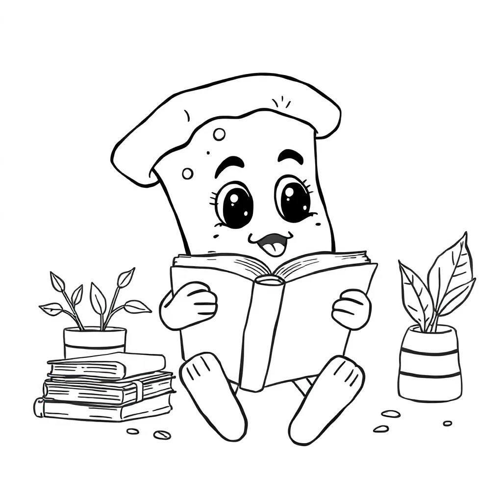 Pizza a cute pizza with a face reading a book — classic pizza coloring page (ages 5–10)
