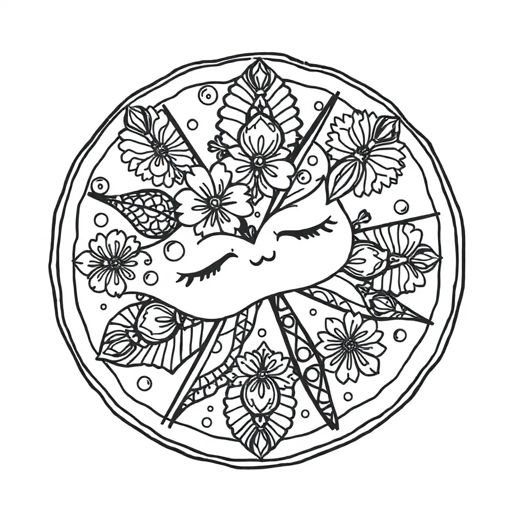Pizza a cute pizza with a face sleeping curled up — detailed pizza coloring page (ages 9+ & adults)