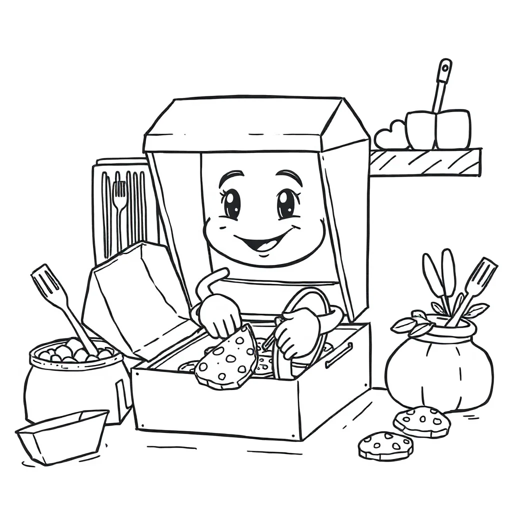 Pizza a pizza box baking cookies — classic pizza coloring page (ages 5–10)