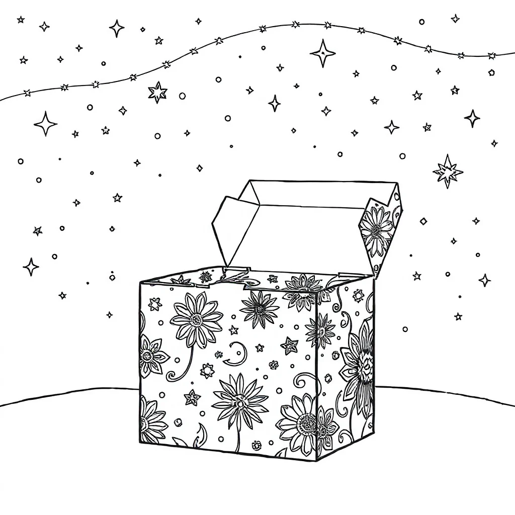 Pizza a pizza box under the night sky with stars — detailed pizza coloring page (ages 9+ & adults)