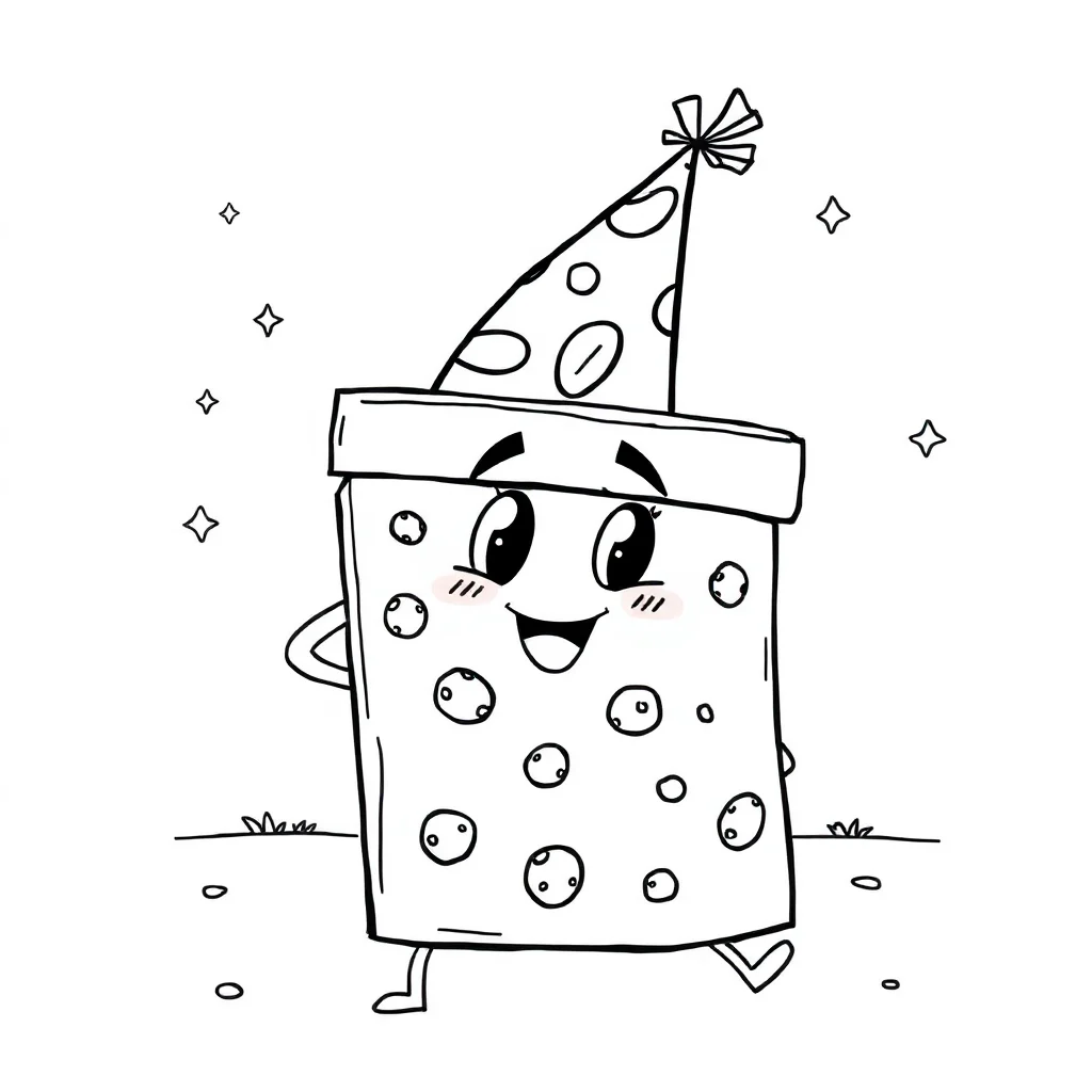 Pizza a pizza box wearing a party hat — classic pizza coloring page (ages 5–10)
