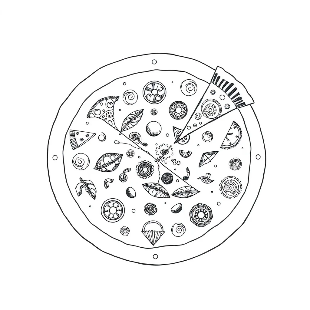 Pizza a pizza with toppings dancing — detailed pizza coloring page (ages 9+ & adults)