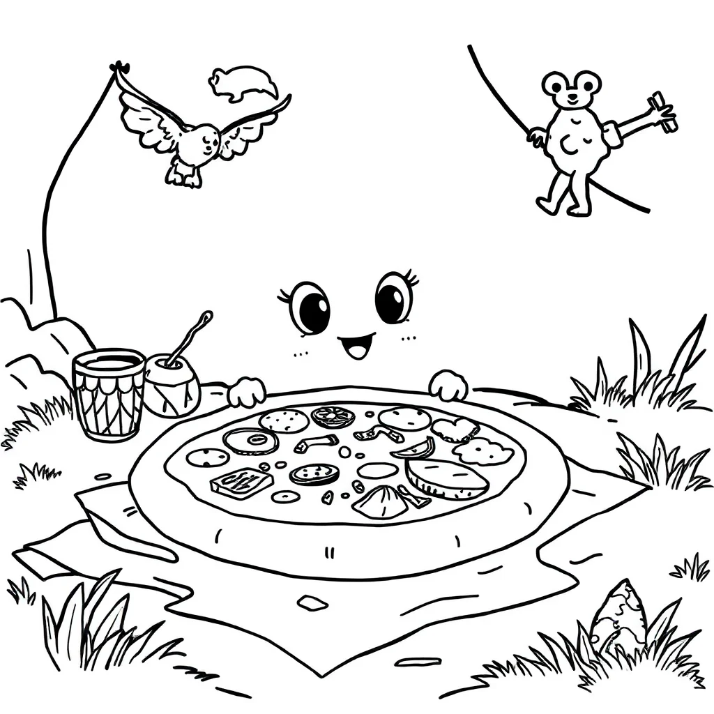 Pizza a pizza with toppings having a picnic — classic pizza coloring page (ages 5–10)