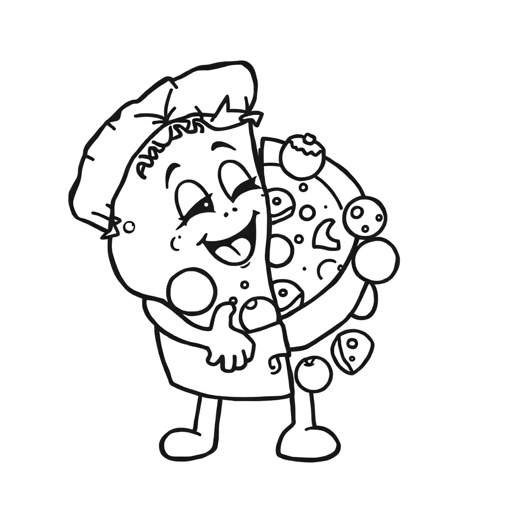 Pizza a pizza with toppings hugging a friend — easy pizza coloring page (ages 2–5)