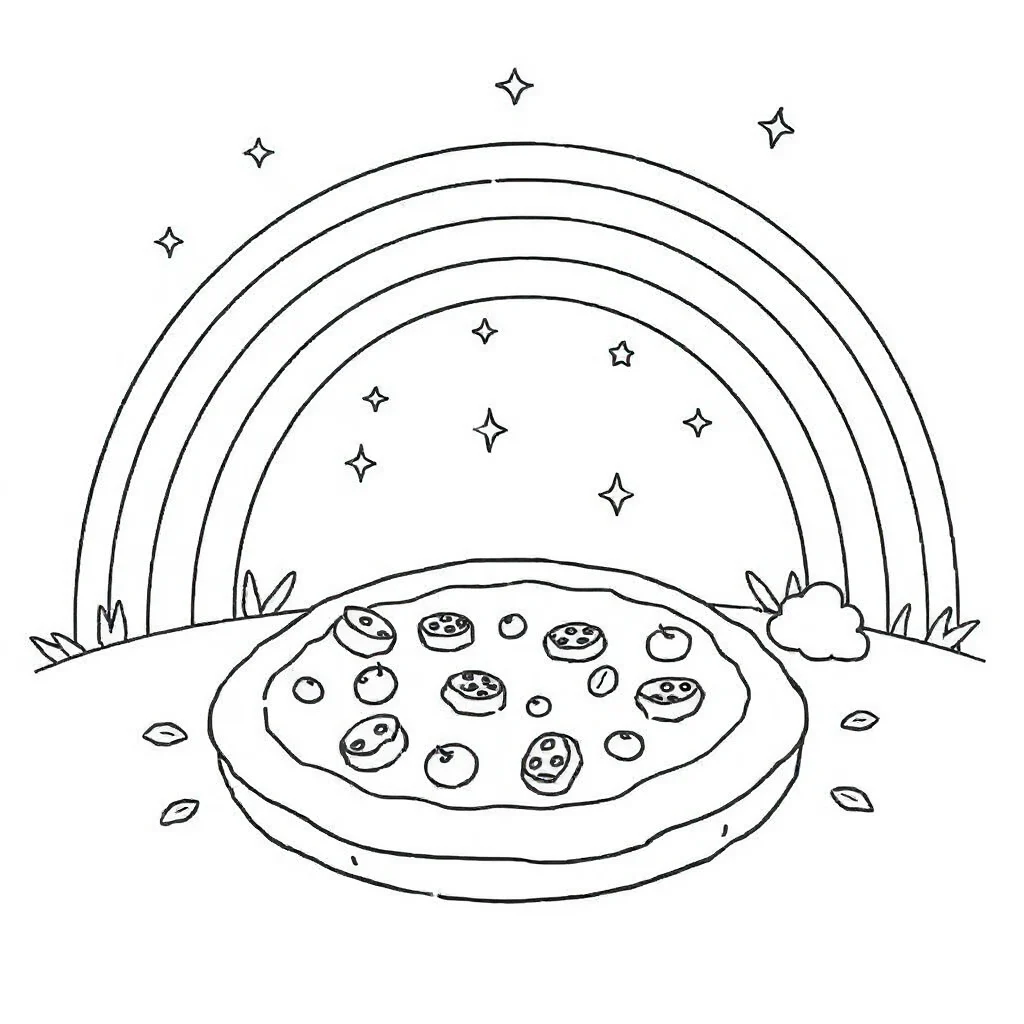Pizza a pizza with toppings under a rainbow — classic pizza coloring page (ages 5–10)