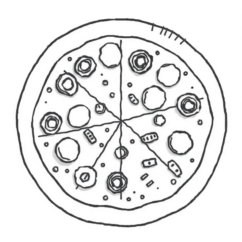 Pizza a pizza with toppings — easy pizza coloring page (ages 2–5)