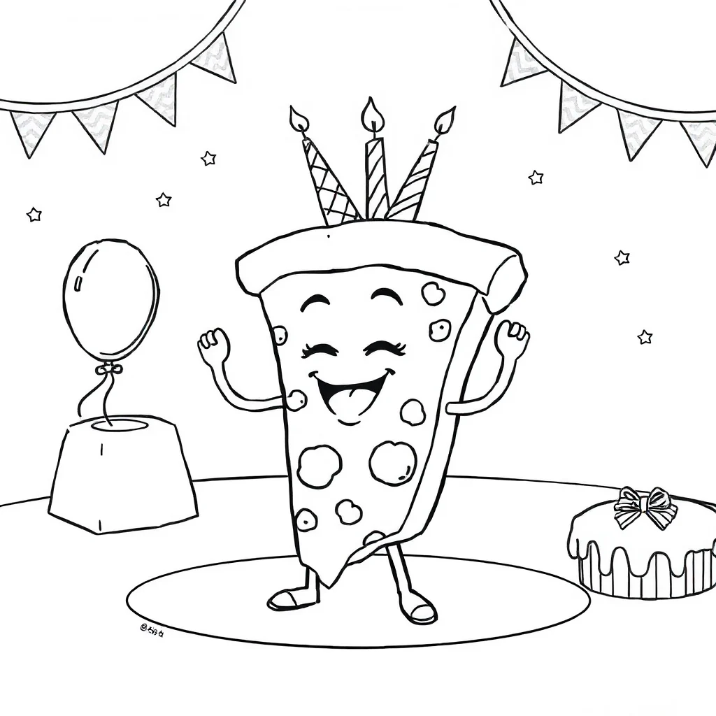 Pizza a slice of pizza celebrating a birthday — classic pizza coloring page (ages 5–10)