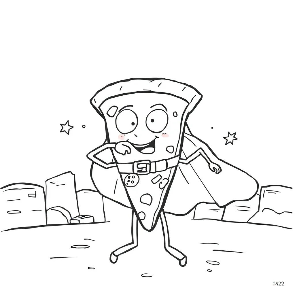 Pizza a slice of pizza in a superhero cape — classic pizza coloring page (ages 5–10)