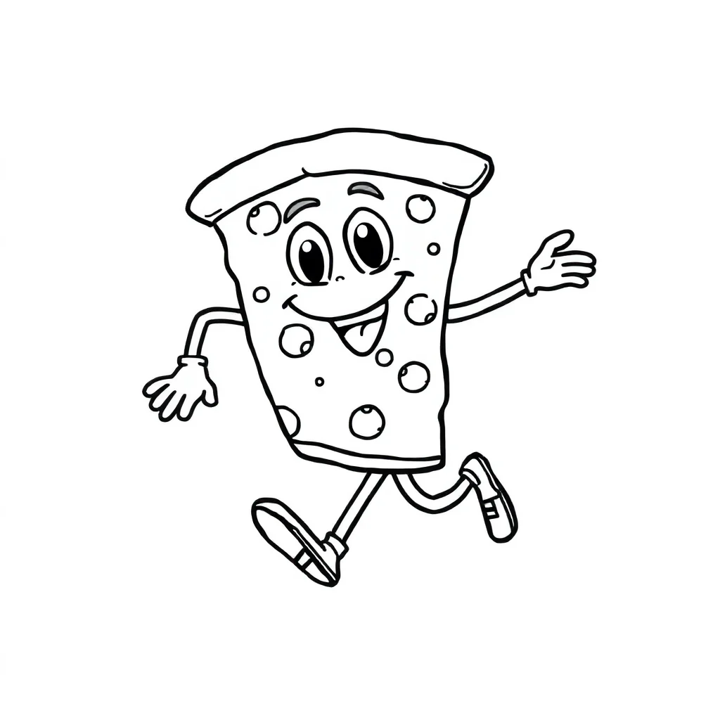 Pizza a slice of pizza running — easy pizza coloring page (ages 2–5)