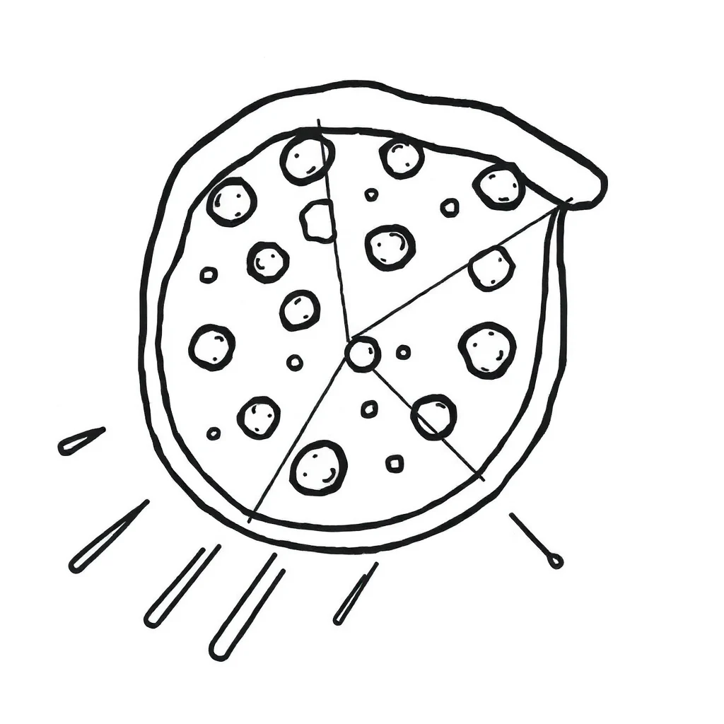 Pizza a whole pizza flying — easy pizza coloring page (ages 2–5)
