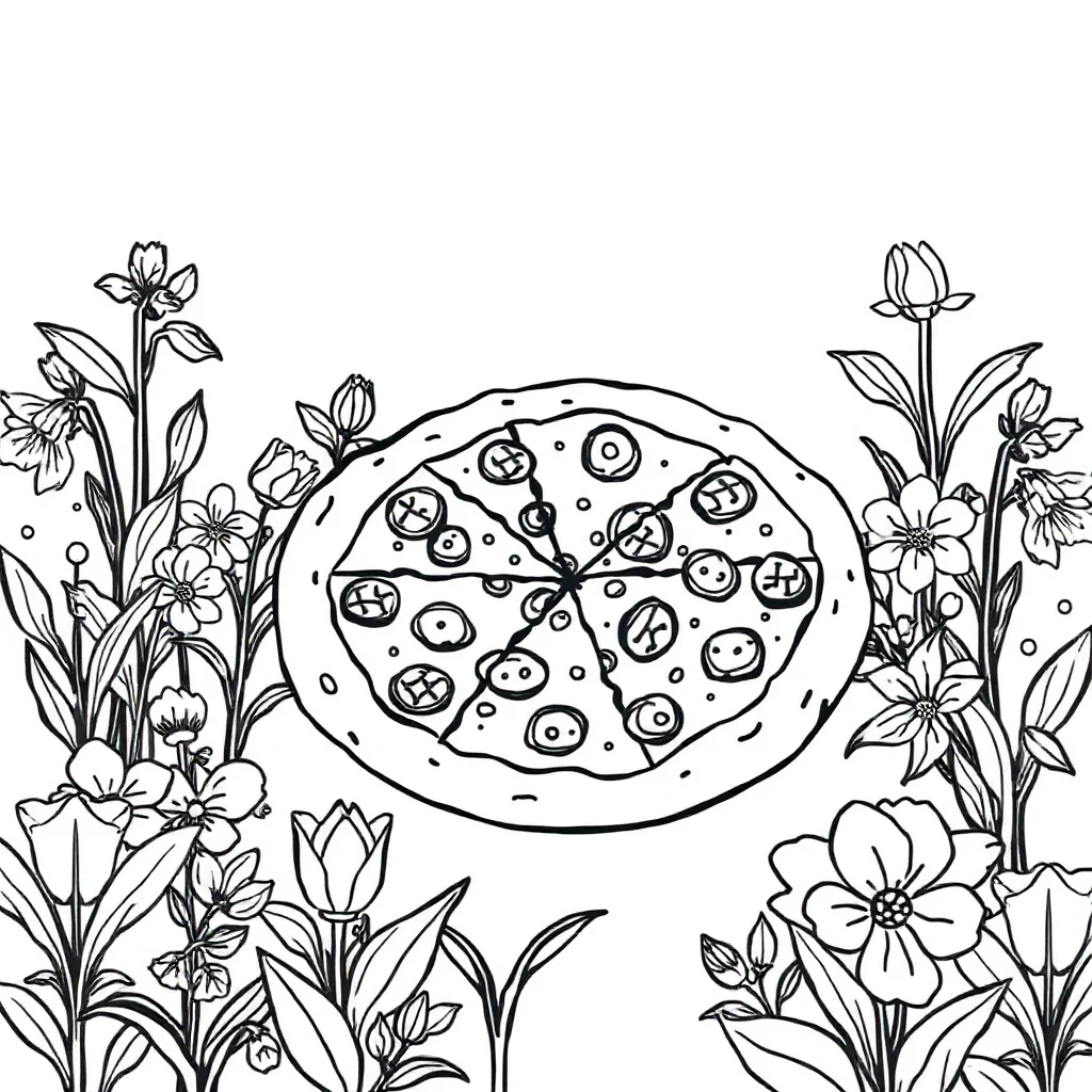 Pizza a whole pizza in a flower garden — classic pizza coloring page (ages 5–10)