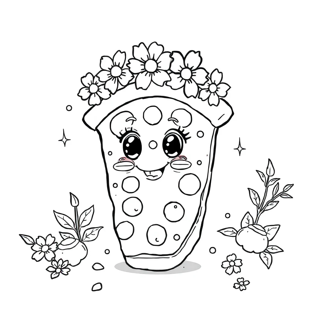 Pizza a whole pizza wearing a flower crown — classic pizza coloring page (ages 5–10)