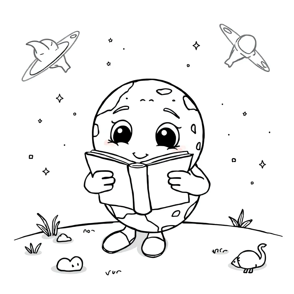 Planets a cute planet reading a book — classic planets coloring page (ages 5–10)
