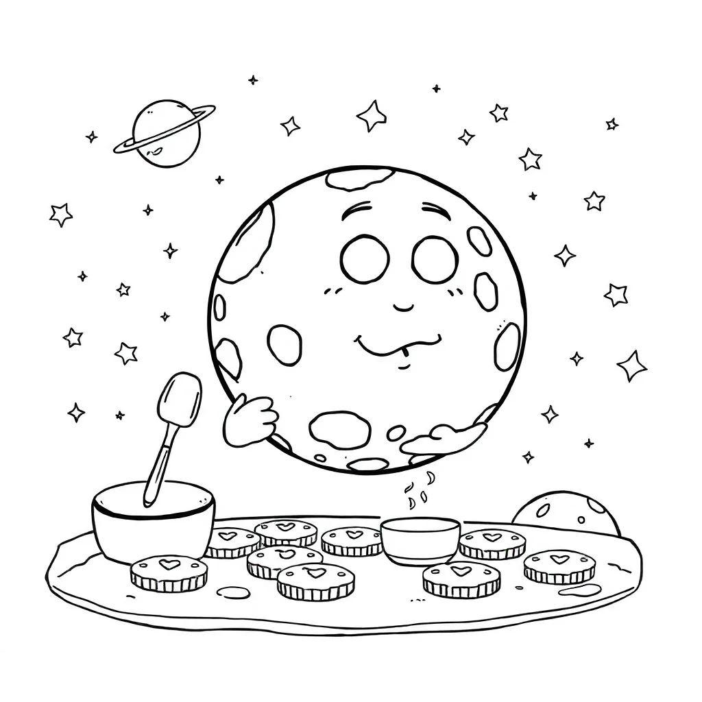 Planets a planet with a moon baking cookies — classic planets coloring page (ages 5–10)