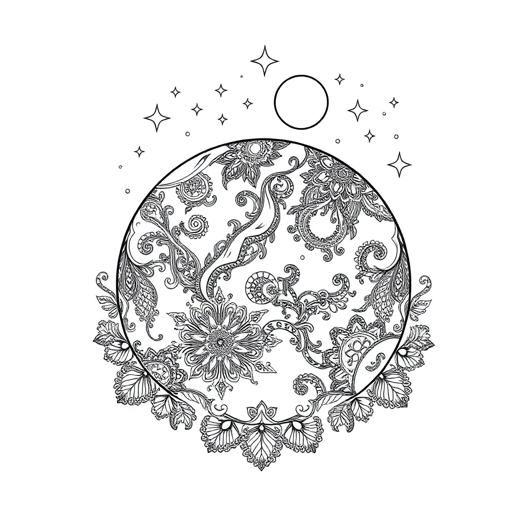 Planets a planet with a moon under the night sky with stars — detailed planets coloring page (ages 9+ & adults)