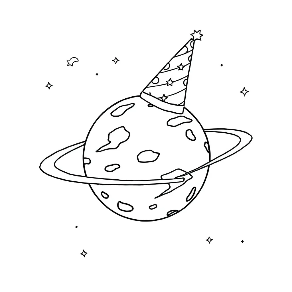 Planets a planet with a moon wearing a party hat — classic planets coloring page (ages 5–10)