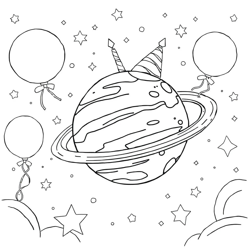 Planets a planet with rings celebrating a birthday — classic planets coloring page (ages 5–10)