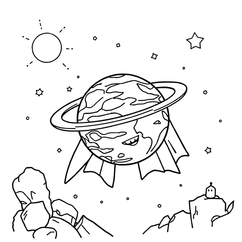 Planets a planet with rings in a superhero cape — classic planets coloring page (ages 5–10)