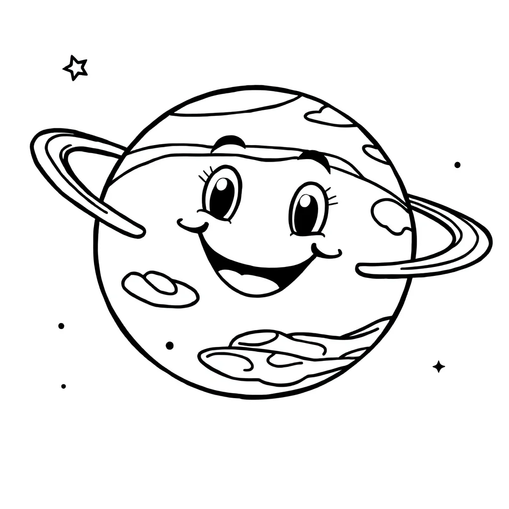 Planets a smiling planet flying — easy planets coloring page (ages 2–5)