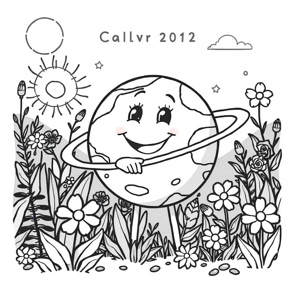 Planets a smiling planet in a flower garden — classic planets coloring page (ages 5–10)