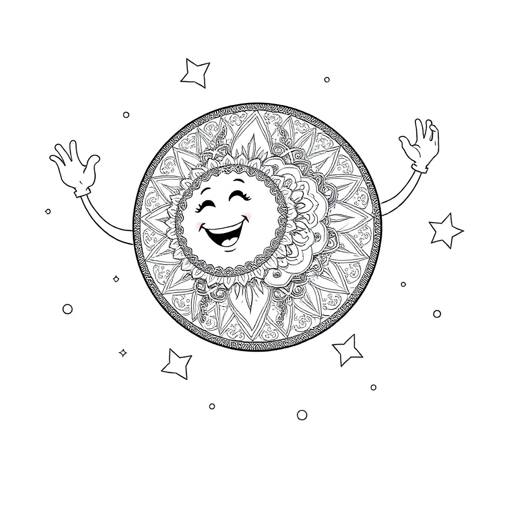 Planets a smiling planet leaping mid air — detailed planets coloring page (ages 9+ & adults)