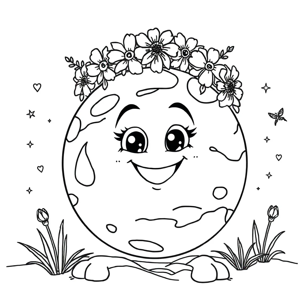 Planets a smiling planet wearing a flower crown — classic planets coloring page (ages 5–10)