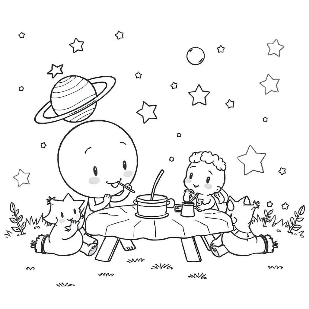 Planets planets and stars having a picnic — classic planets coloring page (ages 5–10)