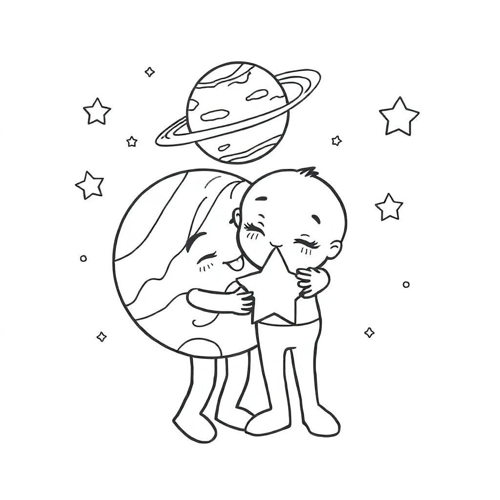 Planets planets and stars hugging a friend — easy planets coloring page (ages 2–5)
