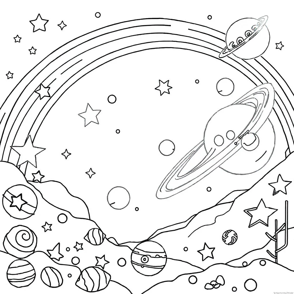 Planets planets and stars under a rainbow — classic planets coloring page (ages 5–10)