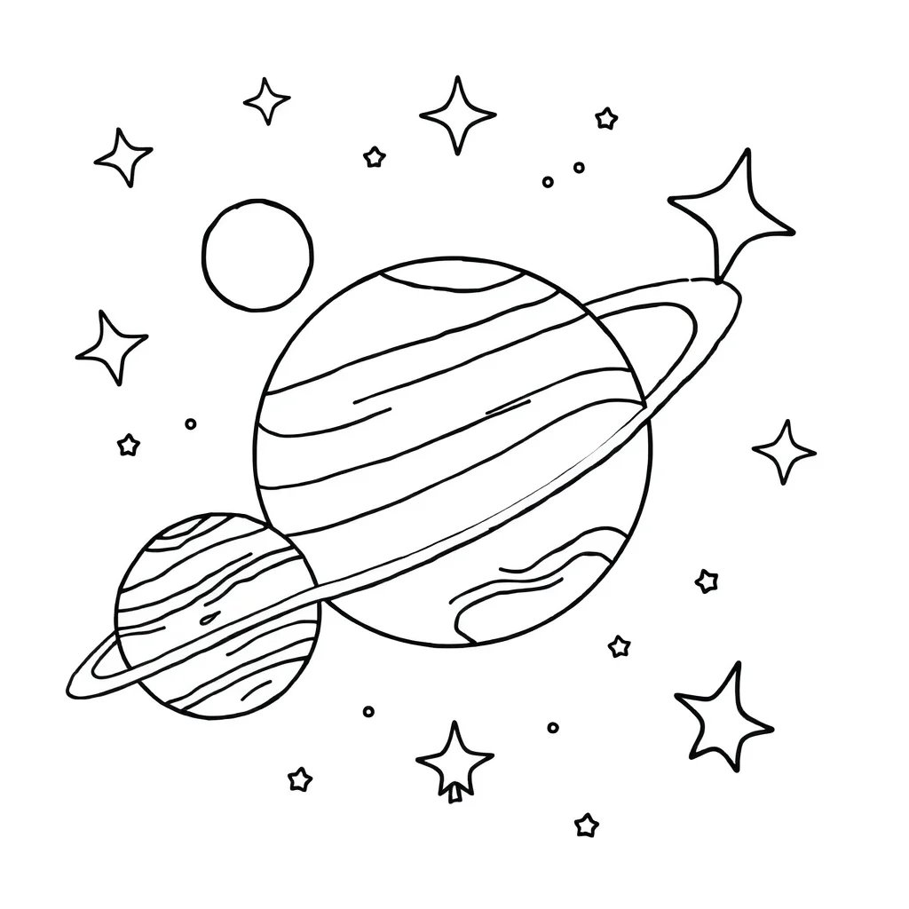 Planets planets and stars — easy planets coloring page (ages 2–5)