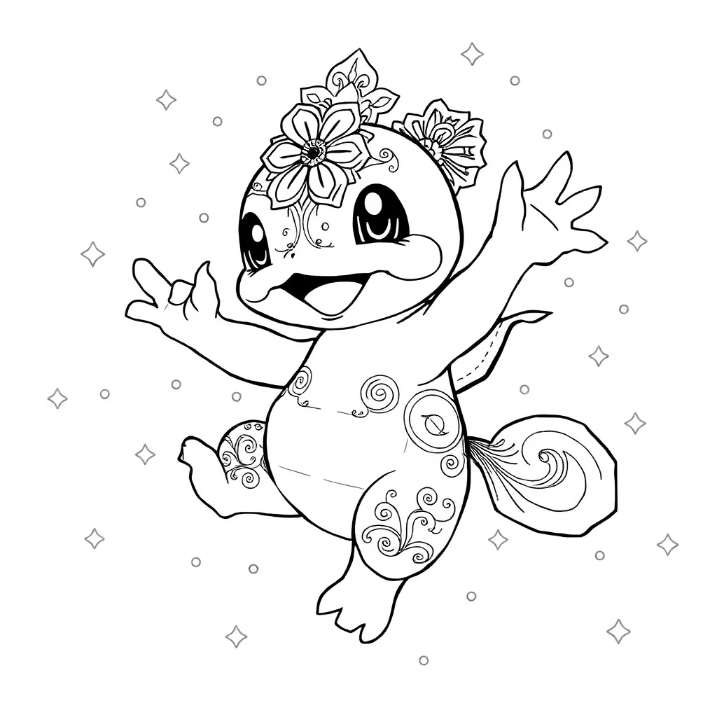 Pokemon a cute squirtle pokemon dancing — detailed pokemon coloring page (ages 9+ & adults)