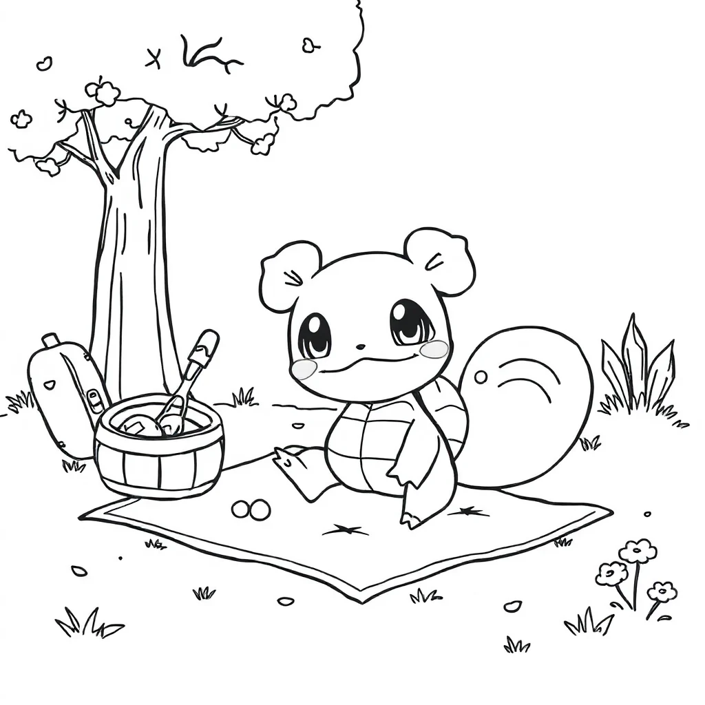 Pokemon a cute squirtle pokemon having a picnic — classic pokemon coloring page (ages 5–10)