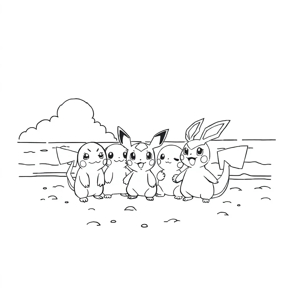 Pokemon a group of cute pokemon together on the beach — classic pokemon coloring page (ages 5–10)