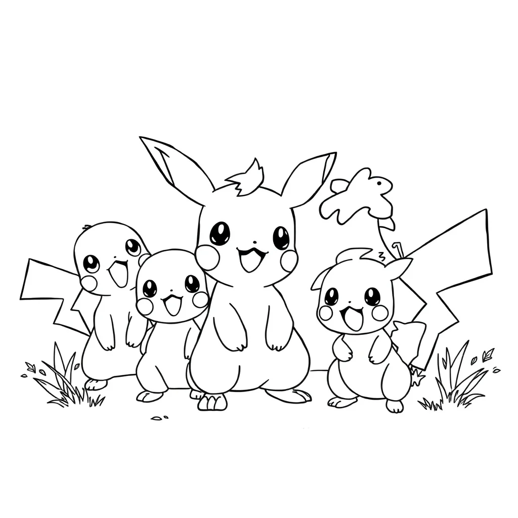 Pokemon a group of cute pokemon together — classic pokemon coloring page (ages 5–10)