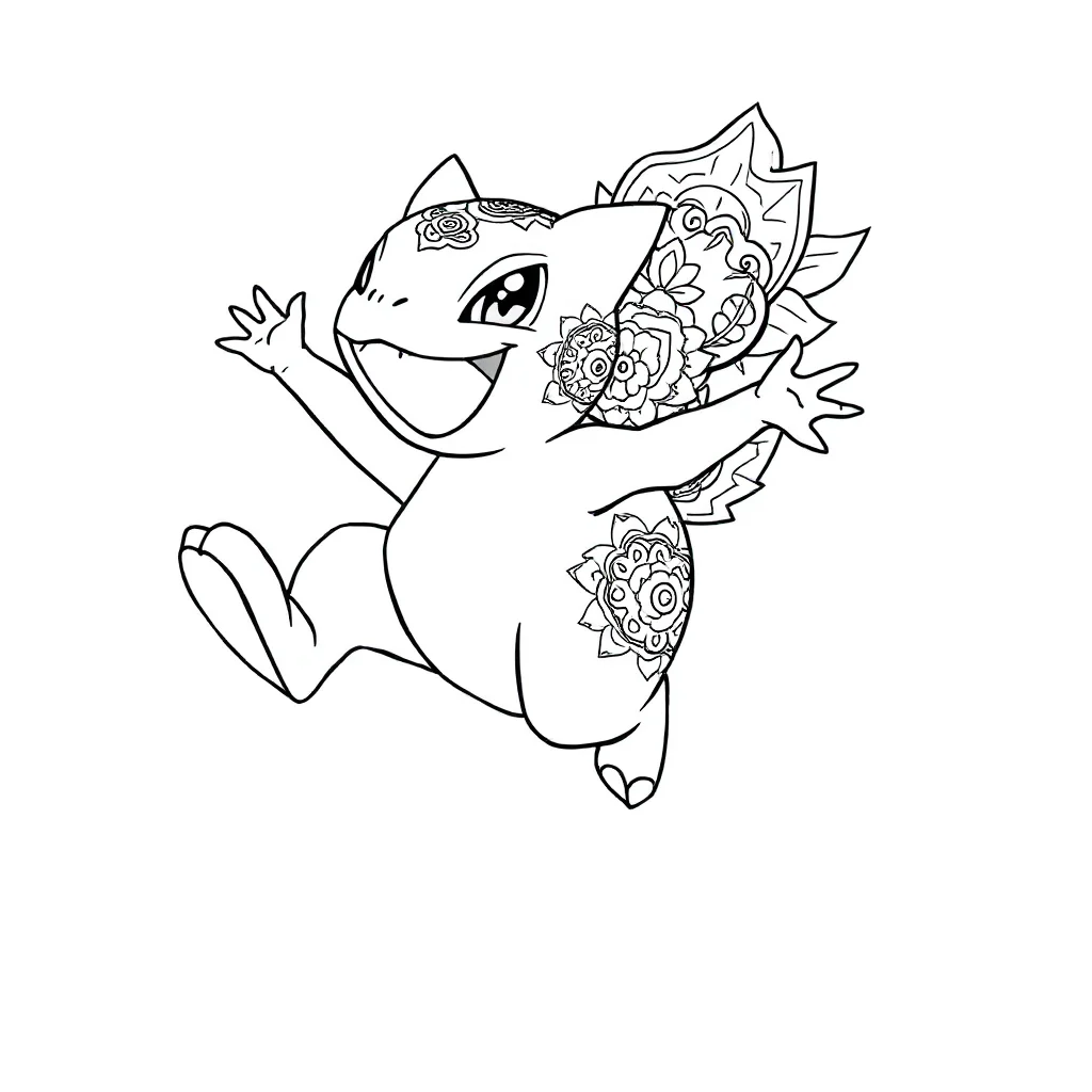 Pokemon a happy bulbasaur pokemon leaping mid air — detailed pokemon coloring page (ages 9+ & adults)