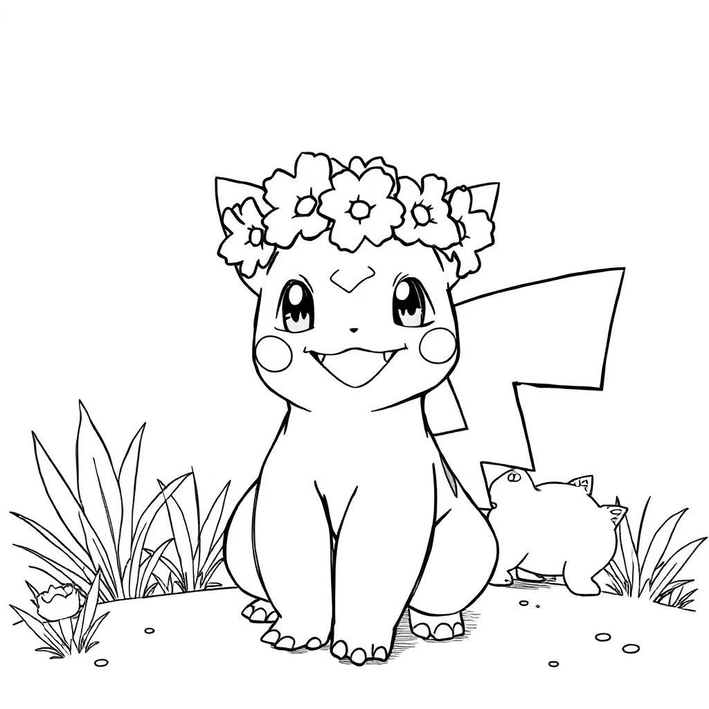 Pokemon a happy bulbasaur pokemon wearing a flower crown — classic pokemon coloring page (ages 5–10)