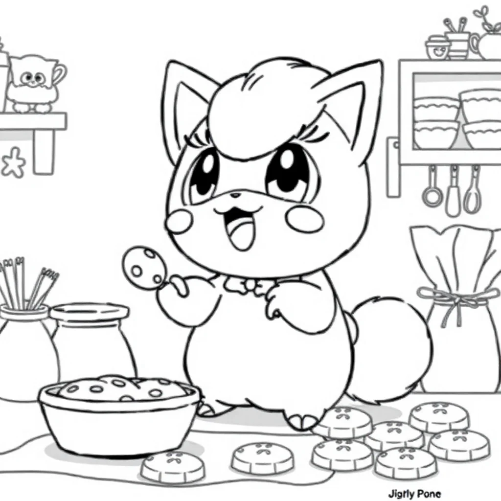 Pokemon a jigglypuff pokemon singing baking cookies — classic pokemon coloring page (ages 5–10)