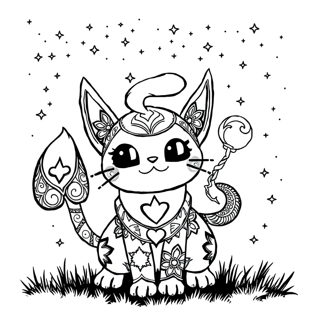 Pokemon a meowth pokemon waving under the night sky with stars — detailed pokemon coloring page (ages 9+ & adults)