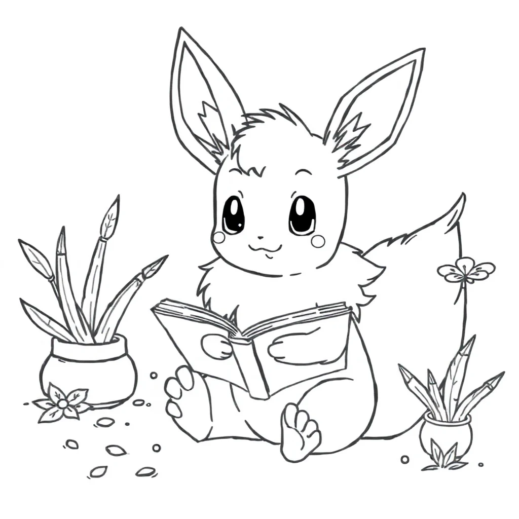 Pokemon an eevee pokemon sitting reading a book — classic pokemon coloring page (ages 5–10)