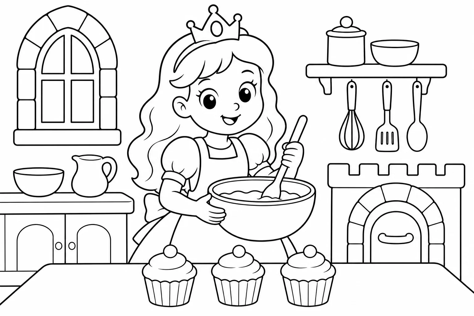 Princesses baking cupcakes — easy princesses coloring page (ages 2–5)