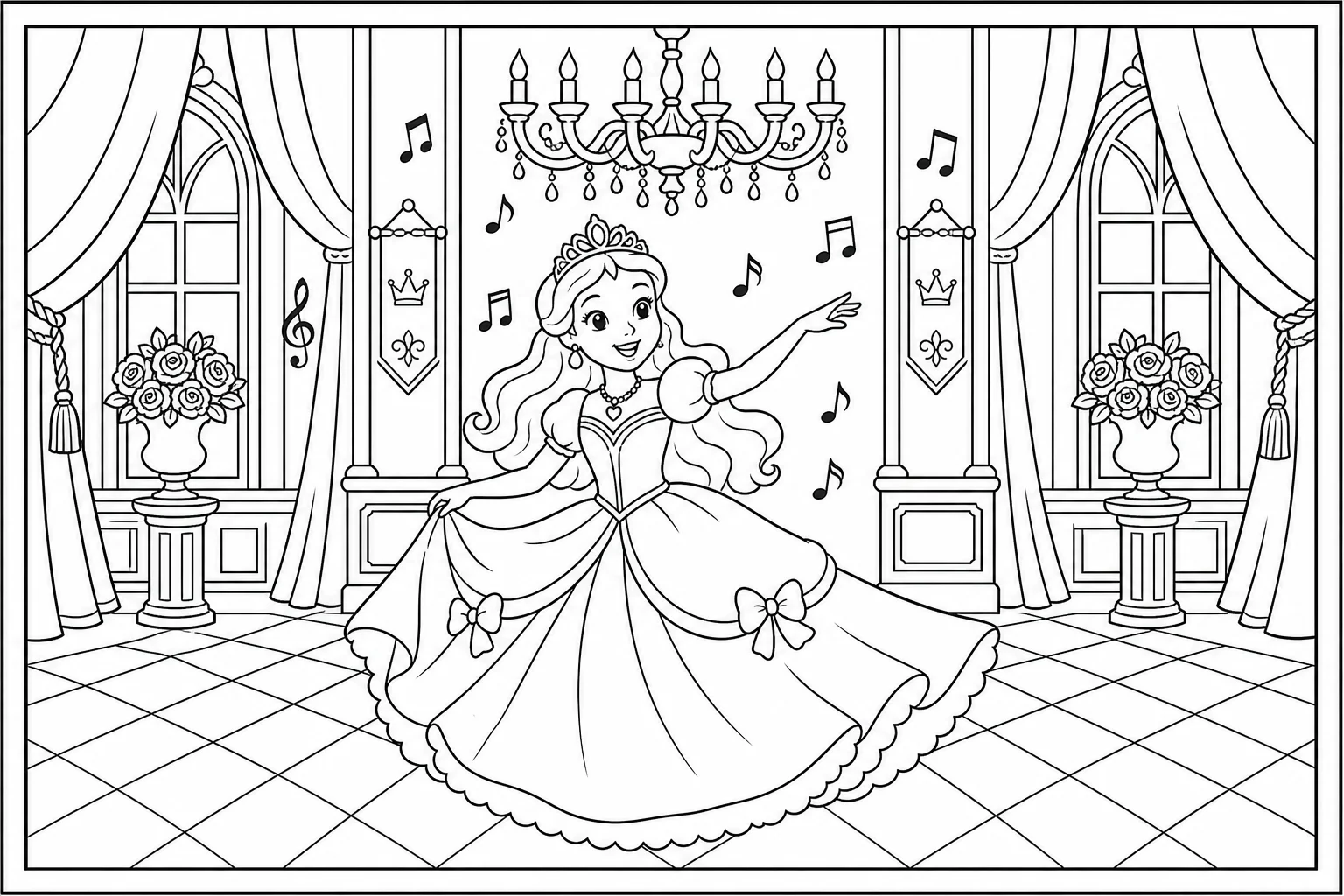 Princesses ballroom dance — classic princesses coloring page (ages 5–10)